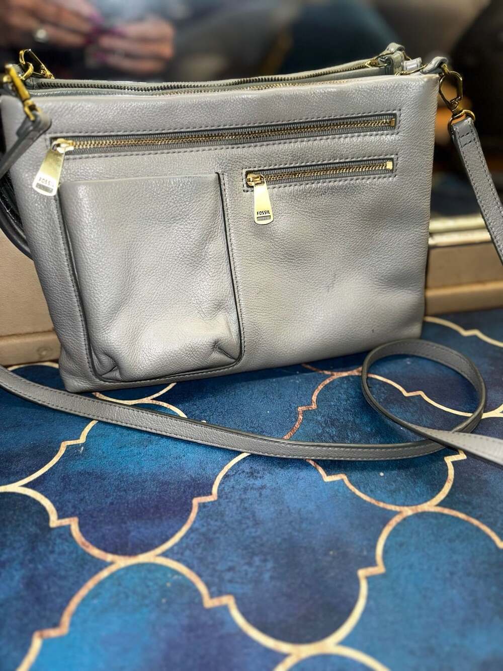 Fossil Piper Gray Leather Multi-Pocket Crossbody Bag